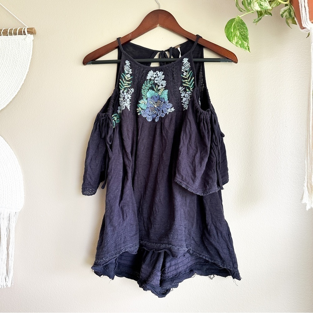 Free People Embroidered Cold Shoulder Top